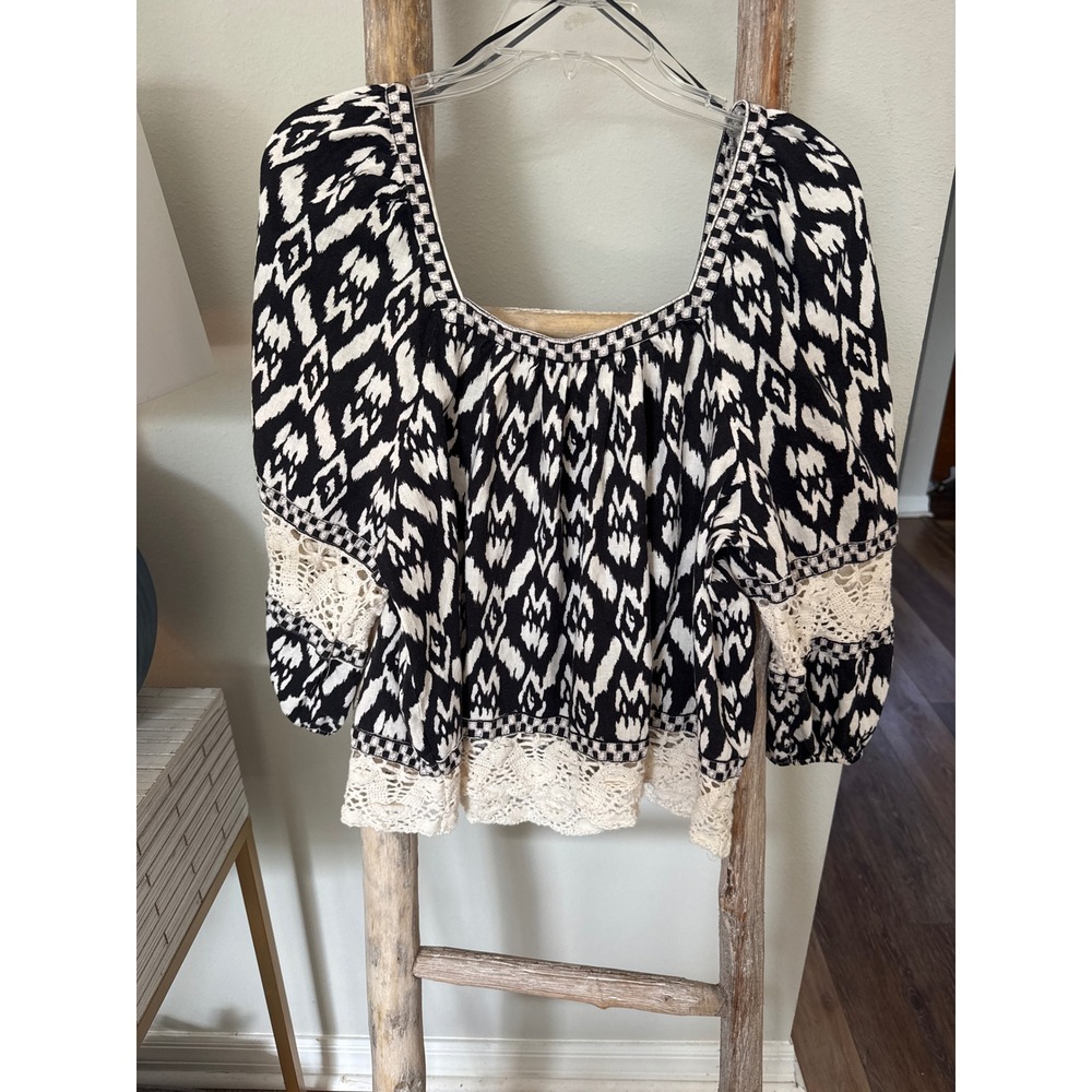 Christian Siriano Boho Ikat & Crochet Lace Insert Top Linen Black Ivory size XL - Picture 9 of 10